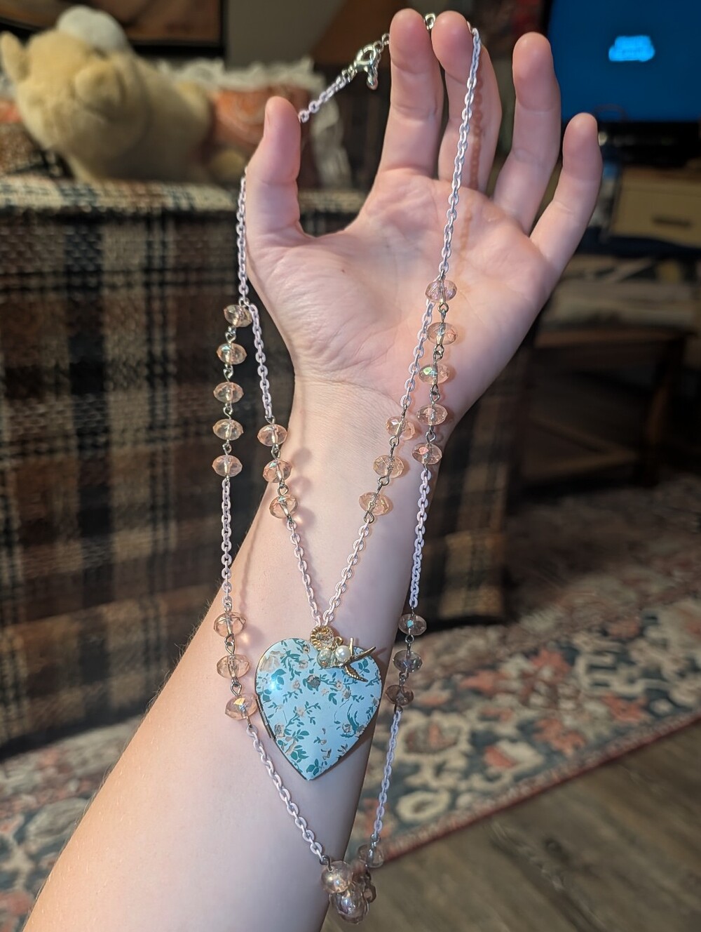 Floral Pink Beaded Heart Pendant Necklace